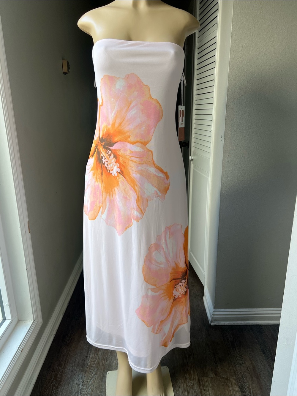 Strapless White Maxi Dress with Pink & Orange Floral Motif